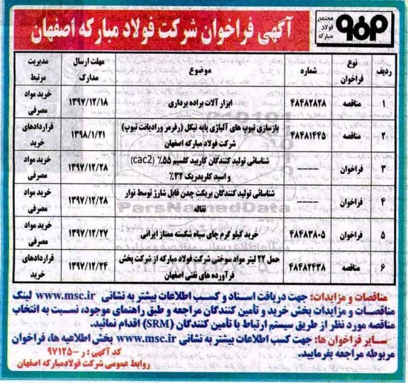 آگهی فراخوان عمومی , فراخوان ابزارآلات براده برداری