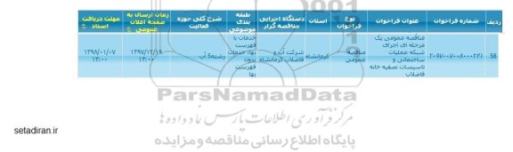 فراخوان مناقصه عمومی , مناقصه عمومی شبکه عملیات ساختمانی و تاسیسات تصفیه خانه فاضلاب