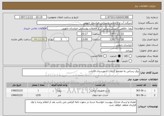 استعلام برق رسانی به مجتمع گرماب شهرستان قائنات.