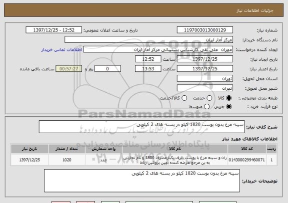 استعلام سینه مرغ بدون پوست 1020 کیلو در بسته های 2 کیلویی