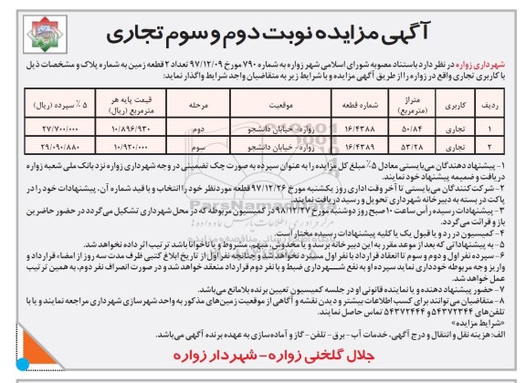 مزایده, مزایده واگذاری تعداد 2 قطعه زمین با کاربری تجاری نوبت دوم 