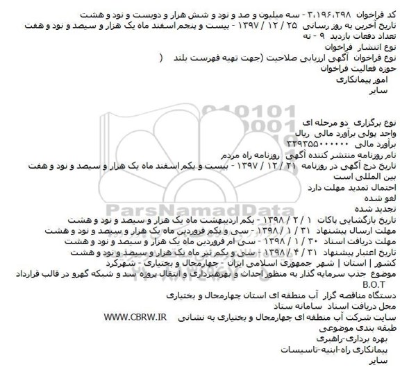 مناقصه ,مناقصه جذب سرمایه گذار جهت احداث و بهره برداری و انتقال پروژه سد و شبکه 