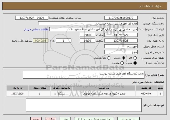 استعلام تعمیر یکدستگاه لودر طبق لیست پیوست