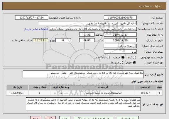 استعلام بکارگیری سه نفر نگهبان هر یک در ادارات دامپزشکی شهرستان اهر - جلفا - شبستر