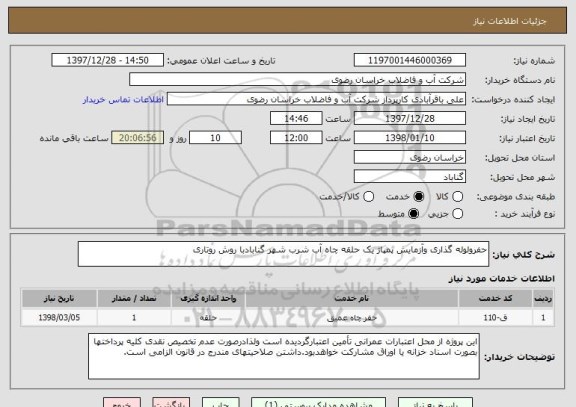 استعلام حفرولوله گذاری وآزمایش پمپاژ یک حلقه چاه آب شرب شهر گنابادبا روش روتاری