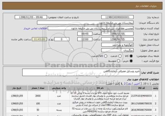 استعلام خرید وسایل مصرفی آزمایشگاهی