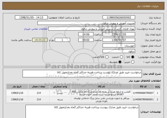 استعلام درخواست خرید طبق مدارک پیوست پرداخت هزینه حداکثر 2ماه بعدازتحویل کالا