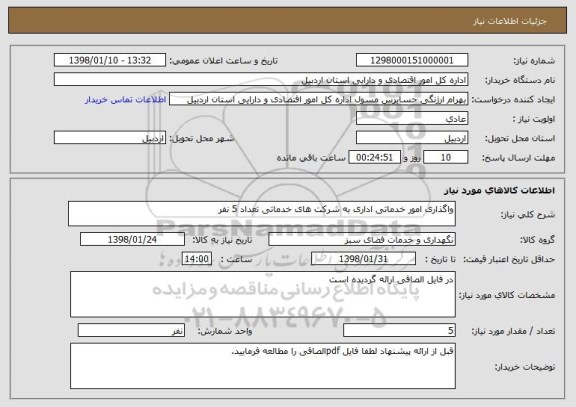 استعلام واگذاری امور خدماتی اداری به شرکت های خدماتی تعداد 5 نفر