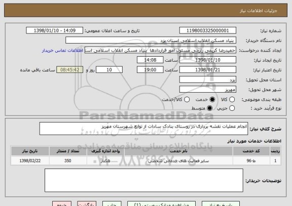 استعلام انجام عملیات نقشه برداری در روستای بنادک سادات از توابع شهرستان مهریز