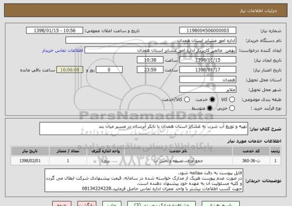 استعلام تهیه و توزیع آب شرب به عشایر استان همدان با تانکر آبرسان در مسیر میان بند