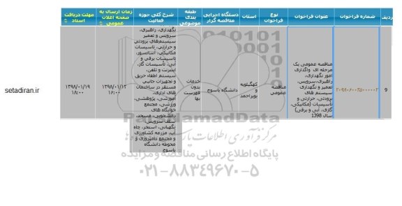 مناقصه واگذاری امور نگهداری ، راهبری ، سرویس