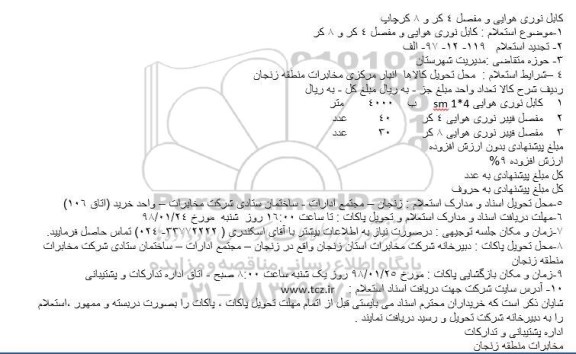 استعلام کابل نوری هوایی و مفصل