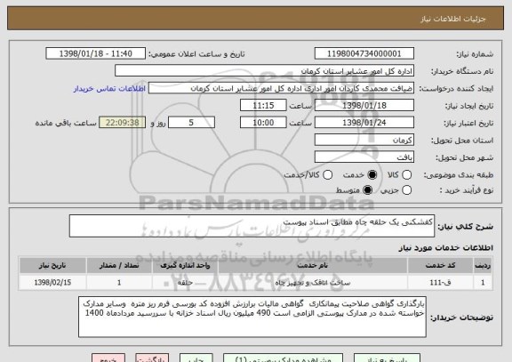 استعلام کفشکنی یک حلقه چاه مطابق اسناد پیوست