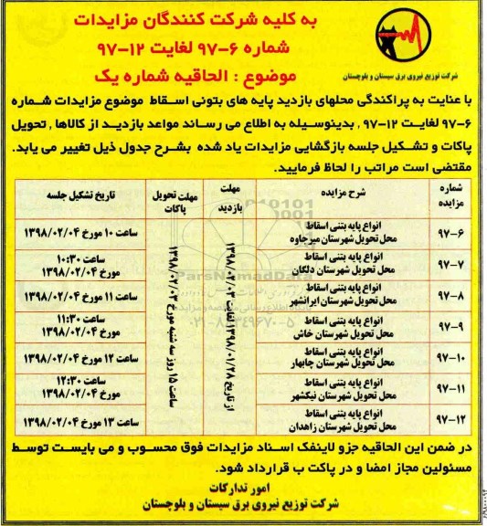 اصلاحیه مزایده انواع پایه بتنی اسقاط 