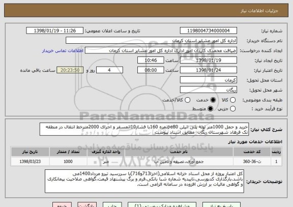 استعلام خرید و حمل 1000متر لوله پلی اتیلن pe80نمره 160با فشار10اتمسفر و اجرای 2000مترخط انتقال در منطقه تک فرهاد شهرستان ریگان  مطابق اسناد پیوست