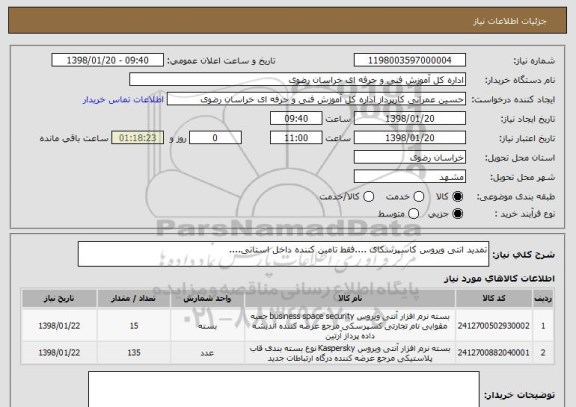 استعلام تمدید انتی ویروس کاسپرسکای ....فقط تامین کننده داخل استانی....