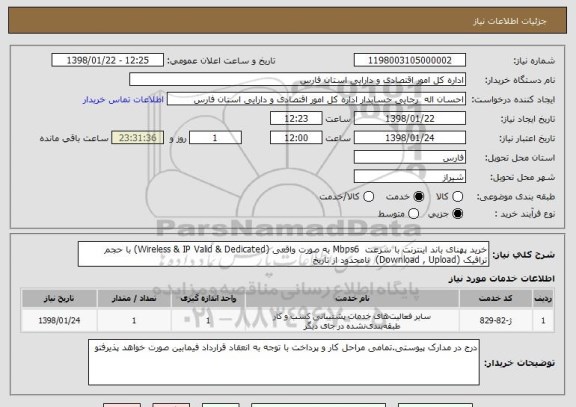 استعلام خرید پهنای باند اینترنت با سرعت  Mbps6 به صورت واقعی (Wireless & IP Valid & Dedicated) با حجم ترافیک (Download , Upload)  نامحدود از تاریخ  