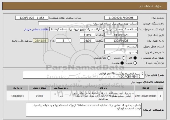 استعلام سیم آلومینیوم روکشدار70 مغز فولادی
( CC-ACSR-MINK)
