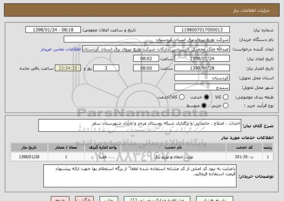 استعلام احداث ، اصلاح ، جابجایی و برکناری شبکه روستای مرخز و تازآباد شهرستان سقز