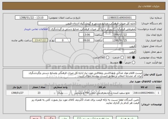 استعلام لیست اقلام مواد غذائی وبهداشتی ونظافتی مورد نیاز اداره کل میراث فرهنگی وصنایع دستی وگردشگری 
ایران کد مشابه انتخاب و مطابق لیست پیوست ملاک است 