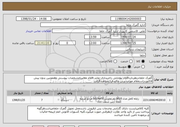 استعلام گمرک جلفادرنظردارداقلام پیوستی راخریداری نماید.اقلام مغایربامشخصات پیوستی وهمچنین بدون پیش فاکتوردراستعلام موردپذیرش وتائیدقرارنخواهندگرفت 