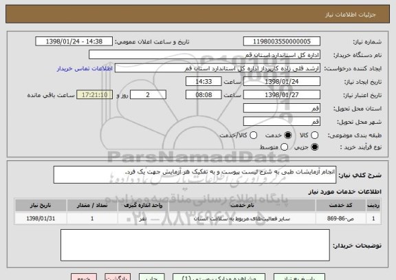 استعلام انجام آزمایشات طبی به شرح لیست پیوست و به تفکیک هر آزمایش جهت یک فرد.