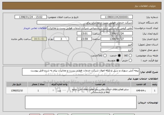 استعلام بیمه آتش سوزی و سیل و زلزله اموال شرکت خدمات هوایی پست و مخابرات پیام به شرح فایل پیوست