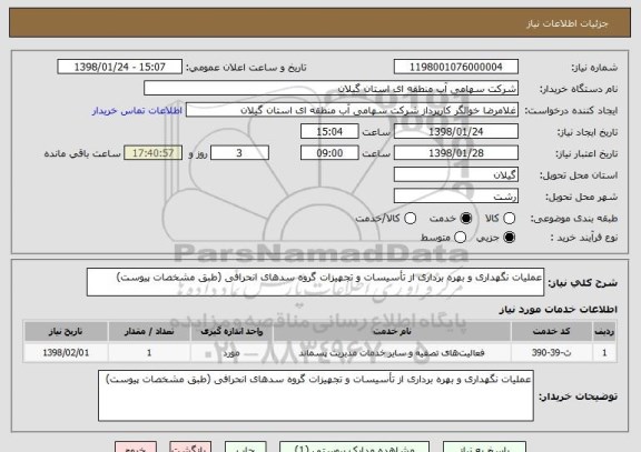 استعلام عملیات نگهداری و بهره برداری از تأسیسات و تجهیزات گروه سدهای انحرافی (طبق مشخصات پیوست)