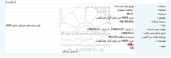 مناقصه خرید 40000 متر انواع کابل خودنگهدار