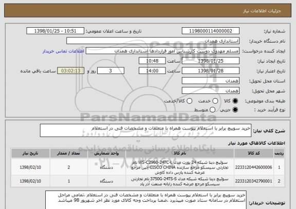 استعلام خرید سوییچ برابر با استعلام پیوست همراه با متعلقات و مشخصات فنی در استعلام 