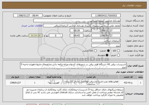 استعلام تاسیسات برقی 40 دستگاه هیتر برقی در شهرهای کندوان میانه-تیکمه داش-چاراویماق-خاروانا-هوراند-ناحیه 5 تبریز