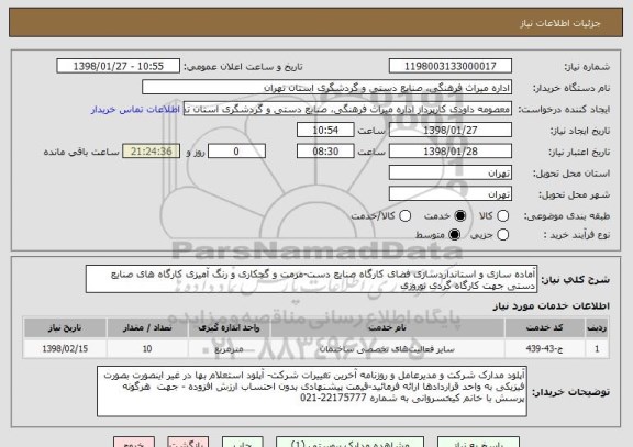 استعلام آماده سازی و استانداردسازی فضای کارگاه صنایع دست-مرمت و گچکاری و رنگ آمیزی کارگاه های صنایع دستی جهت کارگاه گردی نوروزی