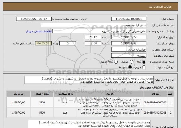 استعلام جدول بتنی با توجه به فایل پیوستی با روش تسویه نقدی و تحویل در شهرداری بشرویه (مقصد )
هزینه آزمایش در صورت منفی بودن بعهده فروشنده خواهد بود.