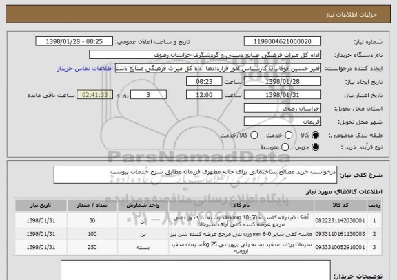 استعلام درخواست خرید مصالح ساختمانی برای خانه مطهری فریمان مطابق شرح خدمات پیوست