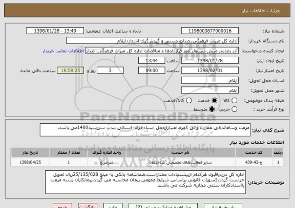 استعلام مرمت وساماندهی عمارت والی کهره.اعتبارازمحل اسنادخزانه استانی بندب سررسید1400می باشد.