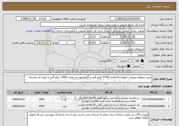 استعلام خرید بذرهای مرتعی چاودار به مقدار 4750 کیلو گرم و آگروپایرون به مقدار 1500 کیلو گرم با ایران کد مشابه