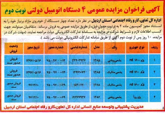 فراخوان ، فراخوان مزایده عمومی 4 دستگاه اتومبیل  - نوبت دوم 