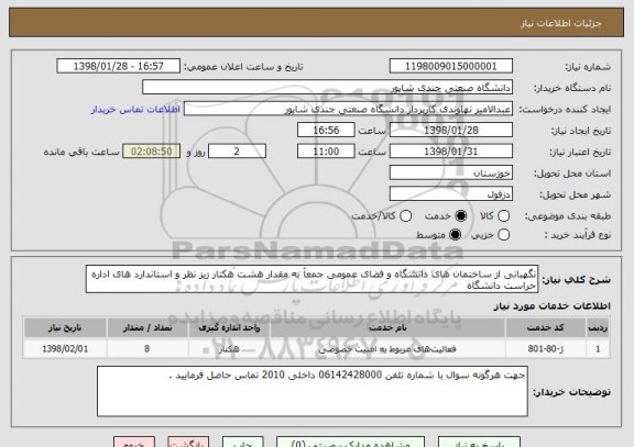 استعلام نگهبانی از ساختمان های دانشگاه و فضای عمومی جمعآ به مقدار هشت هکتار زیز نظر و استاندارد های اداره حراست دانشگاه