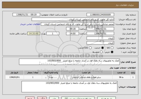 استعلام کمک به تعاونیهای سه دهک اول در آمدی جامعه با مبلغ اعتبار   103/853/850