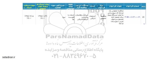 مناقصه,مناقصه  نیرورسانی به محل ایستگاه پمپاژ برای تصفیه خانه 