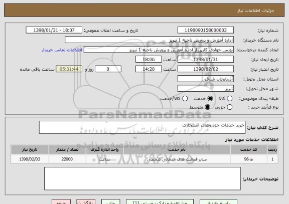 استعلام خرید خدمات خودروهای استجاری