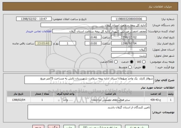 استعلام شوفاژ کاری  یک واحد میهمان سرای اداره بیمه سلامت شهرستان تالش به مساحت 75متر مربع