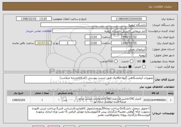 استعلام تجهیزات آزمایشگاهی گروه مکانیک طبق لیست پیوستی (کدکالامشابه مبلاشد)