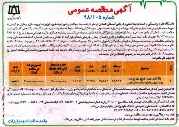 آگهی مناقصه عمومی , مناقصه واگذاری امور تهیه، طبخ و توزیع غذای پرسنل و بیماران