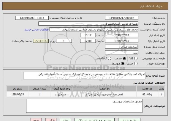 استعلام اجرای کمد بایگانی مطابق مشخصات پیوستی در اداره کل نوسازی مدارس استان آذربایجانشرقی