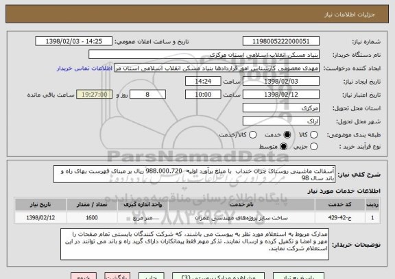 استعلام آسفالت ماشینی روستای چزان خنداب  با مبلغ برآورد اولیه  988.000.720 ریال بر مبنای فهرست بهای راه و باند سال 98 