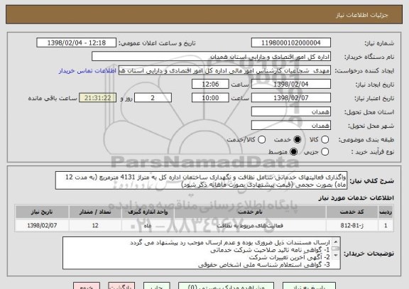 استعلام واگذاری فعالیتهای خدماتی شامل نظافت و نگهداری ساختمان اداره کل به متراژ 4131 مترمربع (به مدت 12 ماه) بصورت حجمی (قیمت پیشنهادی بصورت ماهانه ذکر شود)