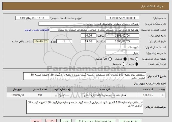 استعلام استعلام بهاء تخلیه 100 کامیون کود شیمیایی کیسه گیری شده و تخلیه و بارگیری 30 کامیون کیسه 50 کیلویی خالی 