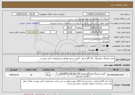 استعلام خرید بلبرینگ- رولبرینگ - نخ  گلو نسوز - گریس نسوز مطابق با مشخصات فنی پیوست