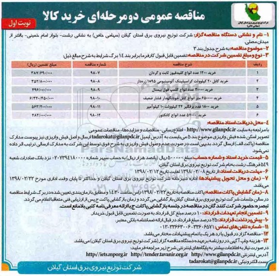 مناقصه عمومی , مناقصه خرید 1200 عدد انواع کلید فیوز ثابت و گردان